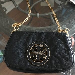 Black leather Tory Burch Foldover Purse